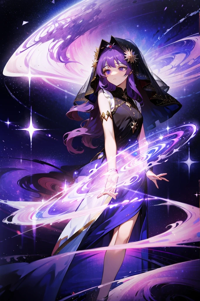 Masterpiece, Dreamlike art, 8K, best quality, 1 woman, alone, veil, Goddess of Emptiness, celestial body, shiny purple hair, dark colored hair, Long, wavy hair with straws, sacred gesture, expressionless, beautiful girl, Young woman, A flashy sleeveless tunic decorated with stars., Cute Hair Ornaments, Many hair accessories fit for a goddess.