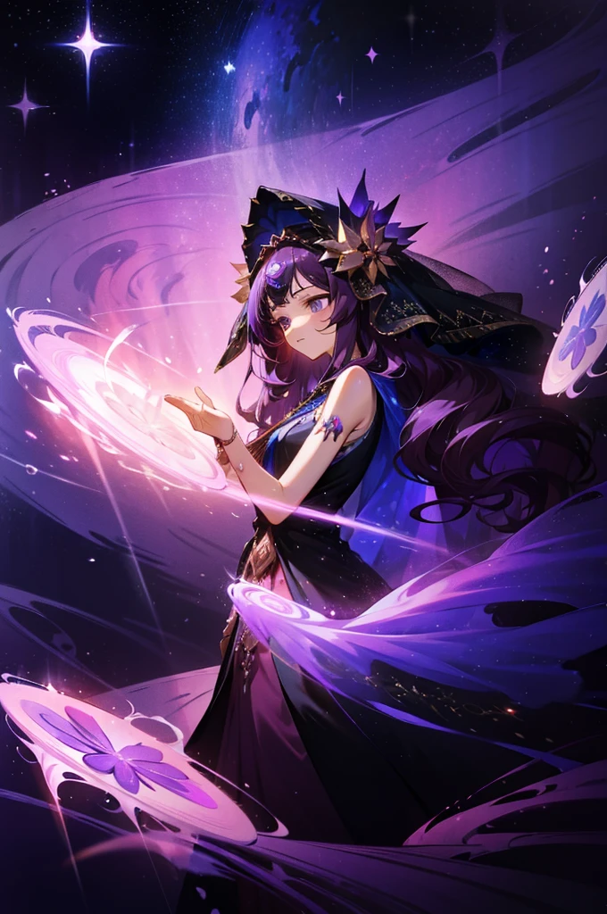 Masterpiece, Dreamlike art, 8K, best quality, 1 woman, alone, veil, Goddess of Emptiness, celestial body, shiny purple hair, dark colored hair, Long, wavy hair with straws, sacred gesture, expressionless, beautiful girl, Young woman, A flashy sleeveless tunic decorated with stars., Cute Hair Ornaments, Many hair accessories fit for a goddess.
