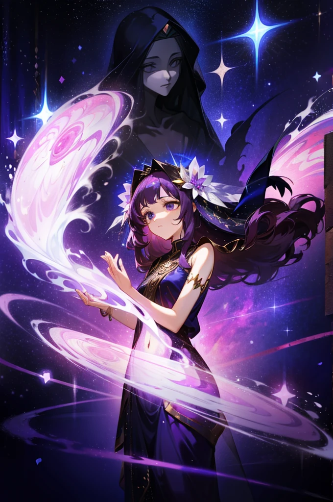 Masterpiece, Dreamlike art, 8K, best quality, 1 woman, alone, veil, Goddess of Emptiness, celestial body, shiny purple hair, dark colored hair, Long, wavy hair with straws, sacred gesture, expressionless, beautiful girl, Young woman, A flashy sleeveless tunic decorated with stars., Cute Hair Ornaments, Many hair accessories fit for a goddess.
