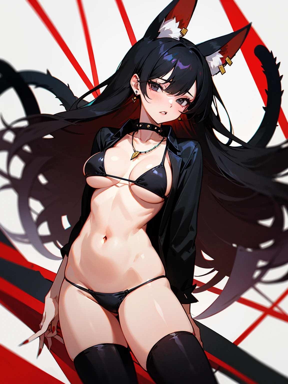((Long Straight Black hair)), Perfect face, Choker, Punk earrings, ((Tall)), ((High Quality)), Necklace, ((Mature)), Pretty Eyes, Sharp Nails, Bangs, ((1 Girl)), Hot, ((Multiple Earrings)), Natural Tits, 1 girl, Beautiful, Sexy, Spiky Earrings, Adult, Spiked Collar, Thin Eyelashes, Plain Background, Red Colors in Background, Black Eyes, Black Clothes, Lewd, Orgasmic, Horny, Dark Colors, Close Up, Hair Strands, Black Thigh Highs, Completely White Background, Slender Body, Cat Girl, Long Tail, Large Tail, Massive Tail, Black Tail, Long Body, ((Black Bikini)),