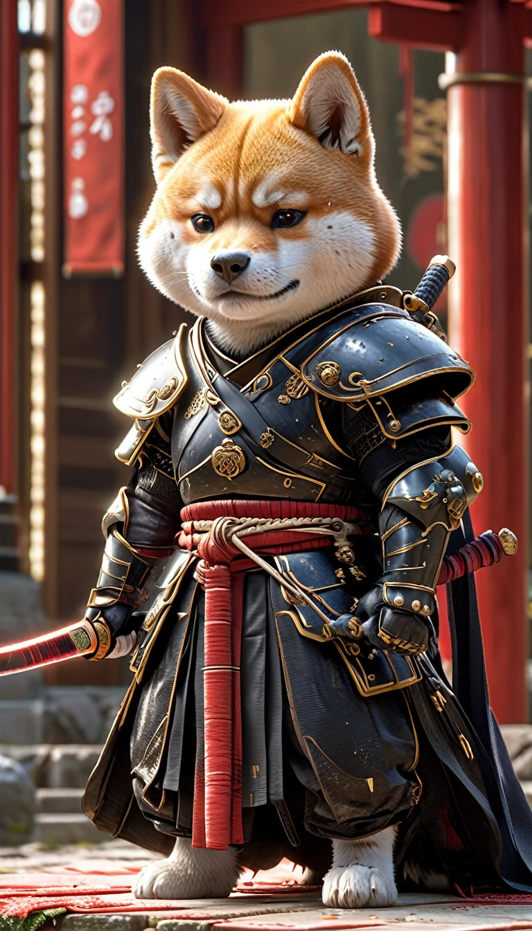 Shiba Inu Samurai,whole body, He has a Japanese sword charged with lightning., Wearing black Japanese armor and hakama haori, Japanese temple background, High resolution, masterpiece, Highest quality, Very detailed, Very detailed, Ultra-realistic,
Japan style, 3D Fluffy, Cute and adorable close-ups, Cute big round reflective eyes, Long fuzzy fur, Pixar Rendering, unreal engine Cinematic smooth, Exquisite detail, Cinematic