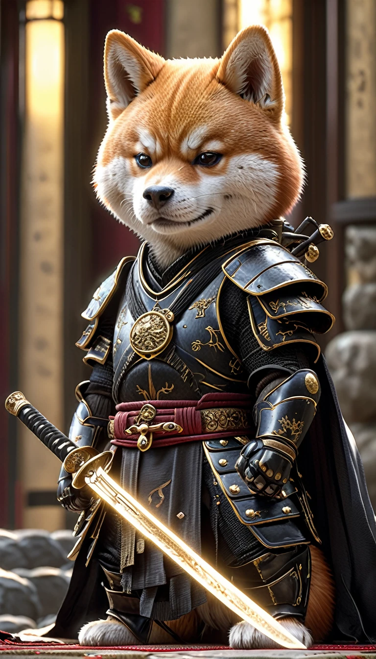 Shiba Inu Samurai,whole body, He has a Japanese sword charged with lightning., Wearing black Japanese armor and hakama haori, Japanese temple background, High resolution, masterpiece, Highest quality, Very detailed, Very detailed, Ultra-realistic,
 Japan style, 3D Fluffy, Cute and adorable close-ups, Cute big round reflective eyes, Long fuzzy fur, Pixar Rendering, unreal engine Cinematic smooth, Exquisite detail, Cinematic