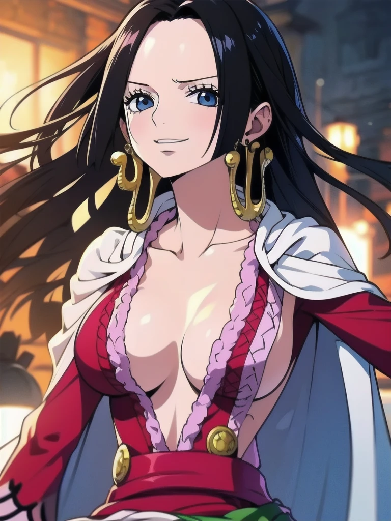 Masterpiece, Boa Hancock from One Piece, detailed face, beautiful blue eyes, small smile, wears earrings; , cleavage, l stylized hair, long beautiful hair, wears Boa Hancock earrings, (wears a red dress), (wears a white cape), has cleavage, bare abdotle pose. The art style should resemble a captivating anime style. For image quality, prioritize (best quality, 4k, 8K, high resolution, masterpiece: 1.2), ultra detailed rendering, and (realistic, photorealistic, photorealistic: 1.37). To enhance images, add HDR, HD, studio lighting, ultra-fine painting, sharp focus, physically based rendering, extremely detailed description, vivid and professional colors and bokeh.
