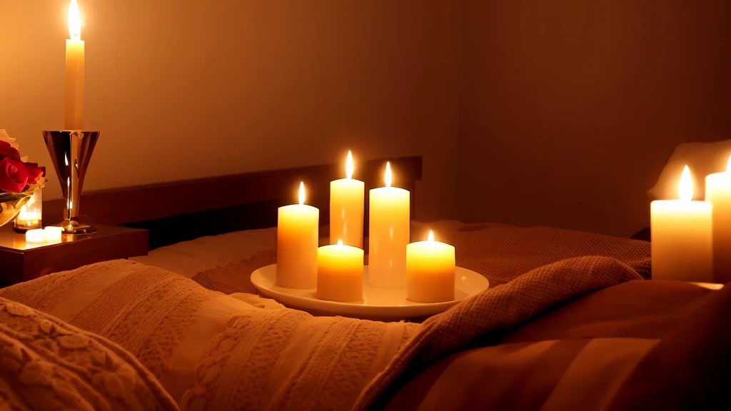 Aromas and candles are lit in the bed of a cozy luxury hotel in the dark of night.