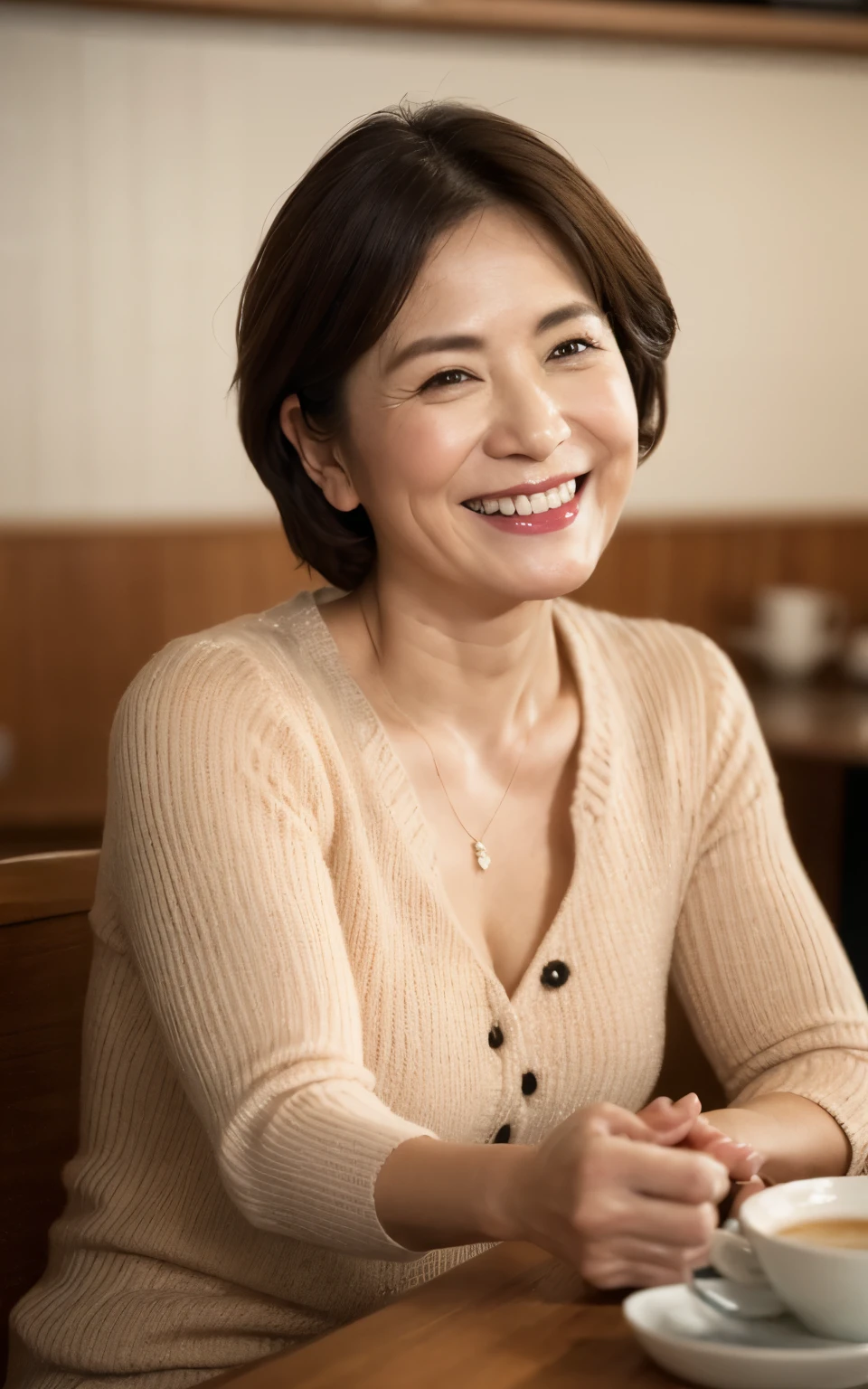 8k wallpaper, masterpiece, Highest quality, Super detailed, One Mature Woman, 50 years old, Become very clear, Wearing a short-sleeved knit, Skin dents, Captivating smile, Looking at the audience, Cleavage, plump, Curvaceous, Fascinating face, Smiling with teeth showing, I was happy, Sitting in a cafe, Background Blur