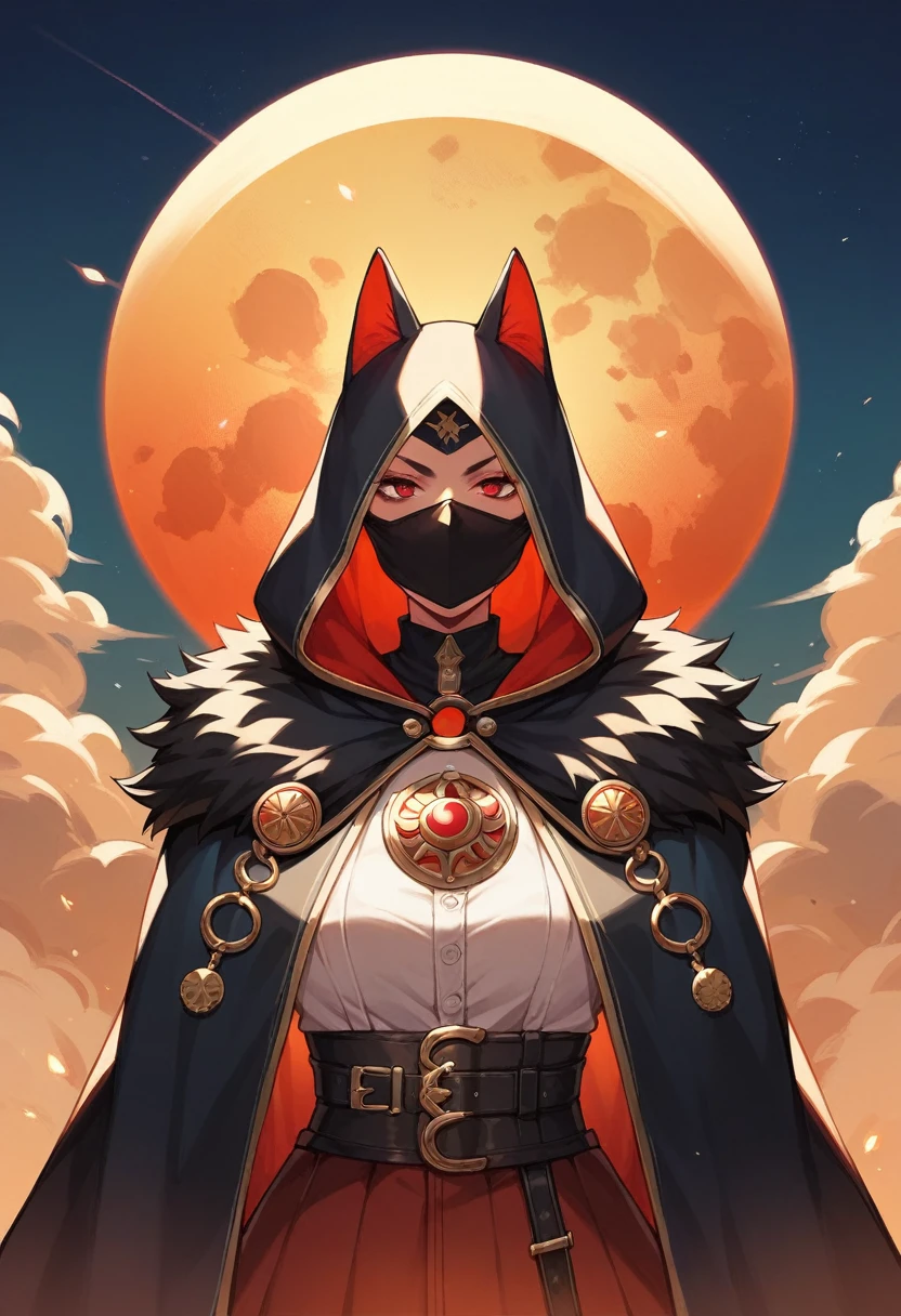 She wears a dark red cloak and covers her head with the cloak and wears a mask, wearing a solar eclipse badge to tie the cloak together.she wears a mask and het hair is black and short and she has cat ears