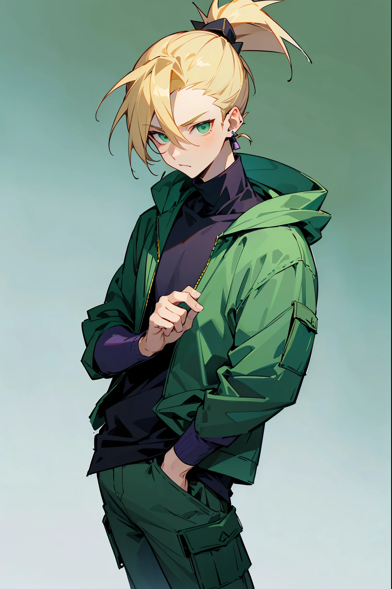 1male , Blonde Hair , Spiky Ponytail , Cyan Green Eyes , Purple Hoodie , Black Turtleneck T-Shirt , Modern Forest Background , Young Male , Earring , Cargo Shorts , Ninja Clothing , Perfect Generation , Masterpiece Quality