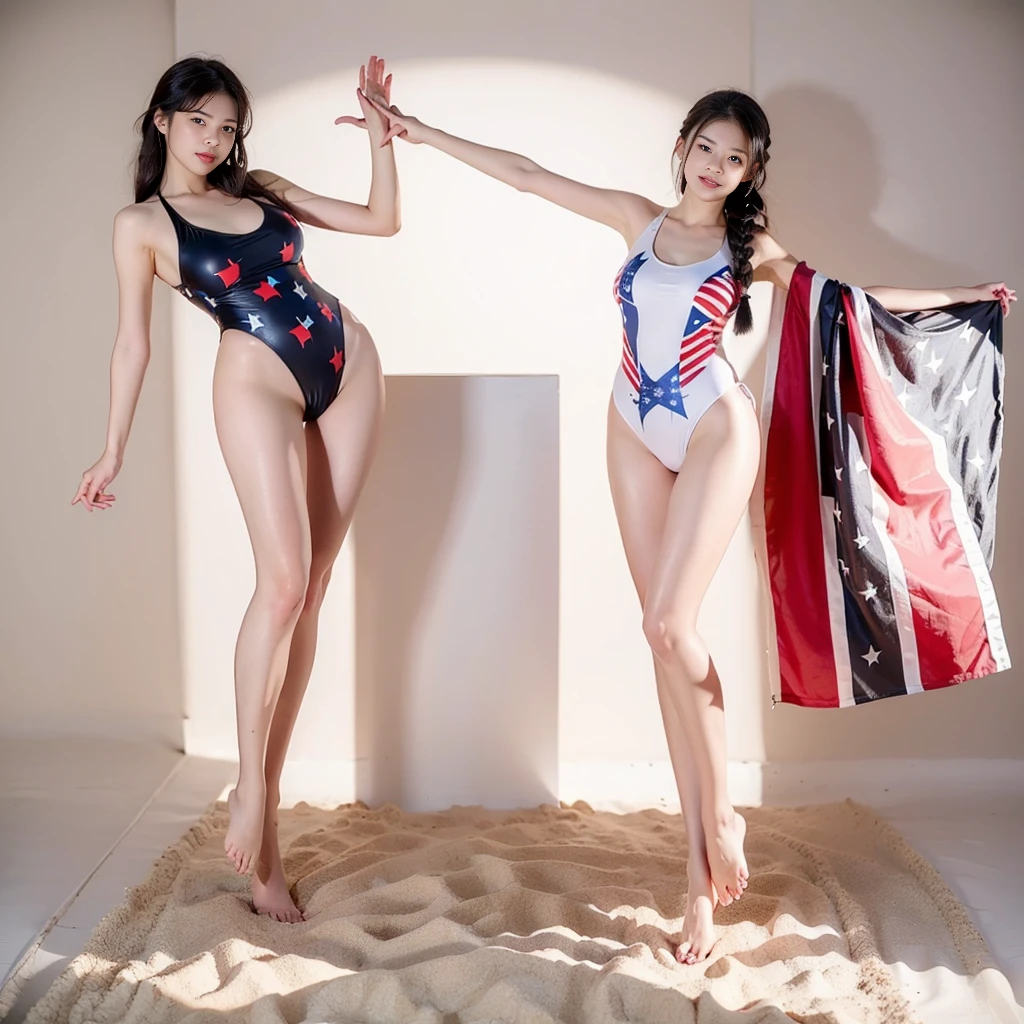 (((barefoot young slender beautiful  Japanese girls on mud beach))), natural front lighting, ultra sharp focus,braided black twin-tail hair, (((light pale white skin color))),blue large eyes with long eyelashes and double eyelids, dynamic angle,red lip,smile, 3girls, ((waving arms)), ((huge breasts)), (full body shot:2), (((wearing USA-flag-printed high-leg  swimsuit))), (beautiful face:2),(((beautiful)))