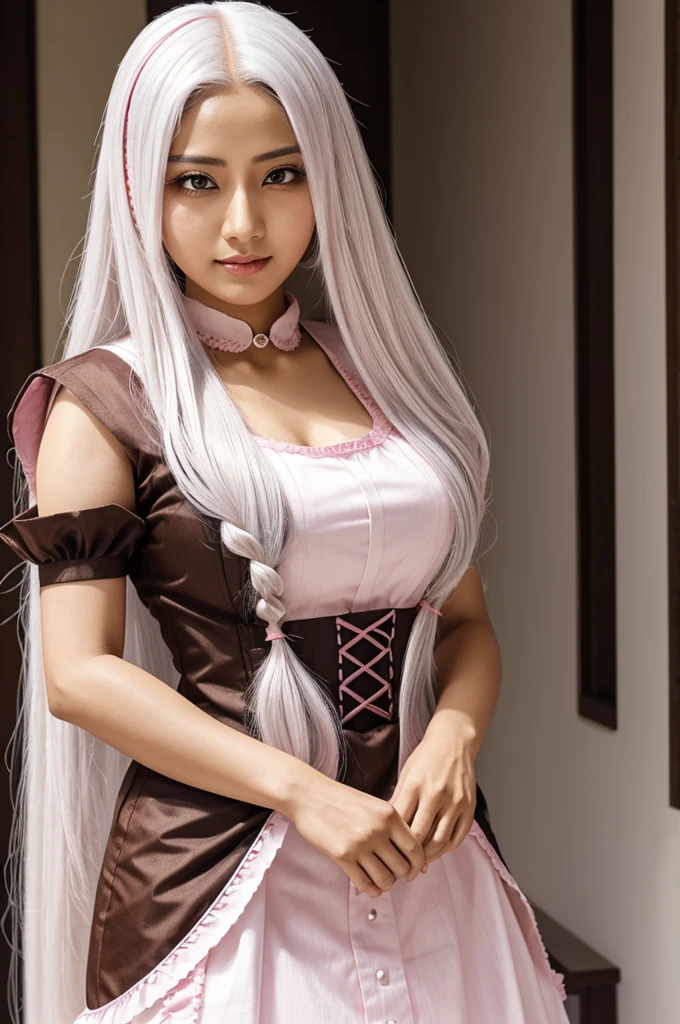 Kuroshitsuji Persona, a woman with long white hair, pink eyes, BROWN SKIN, wearing a maid outfit