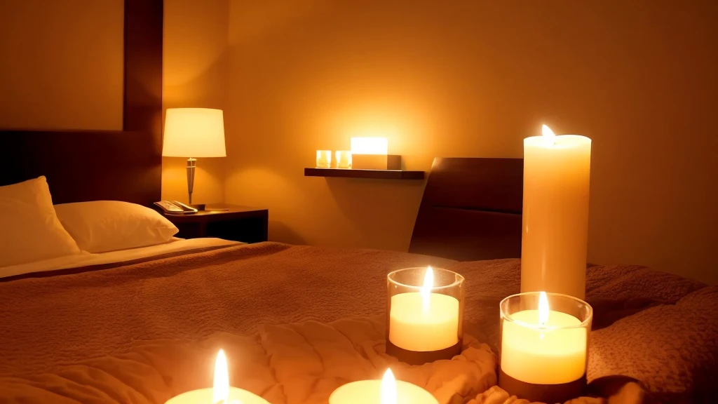Aromas and candles are lit in the bed of a cozy luxury high-rise hotel in the dark of night.