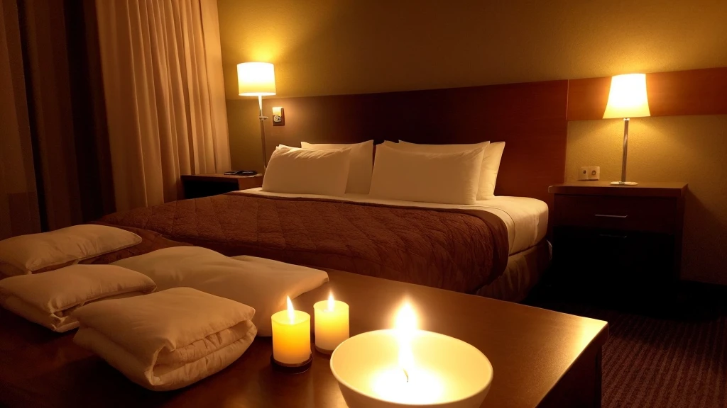 Aromas and candles are lit in the bed of a cozy luxury high-rise hotel in the dark of night.