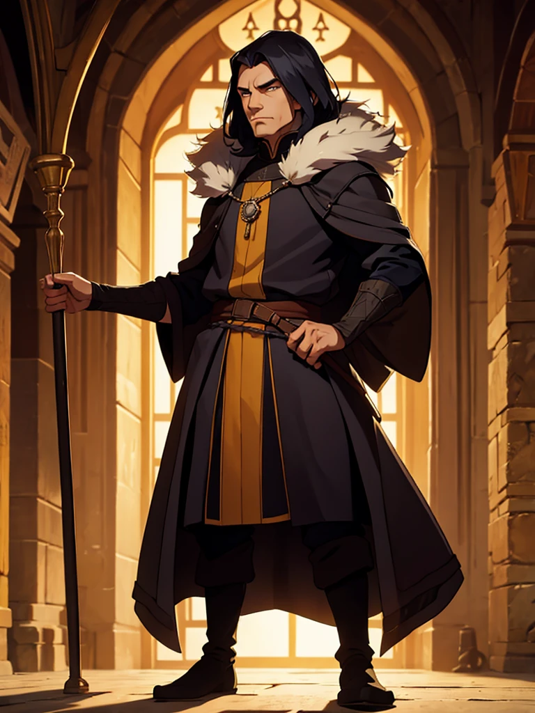 Man standing, medieval, fur element,, flat