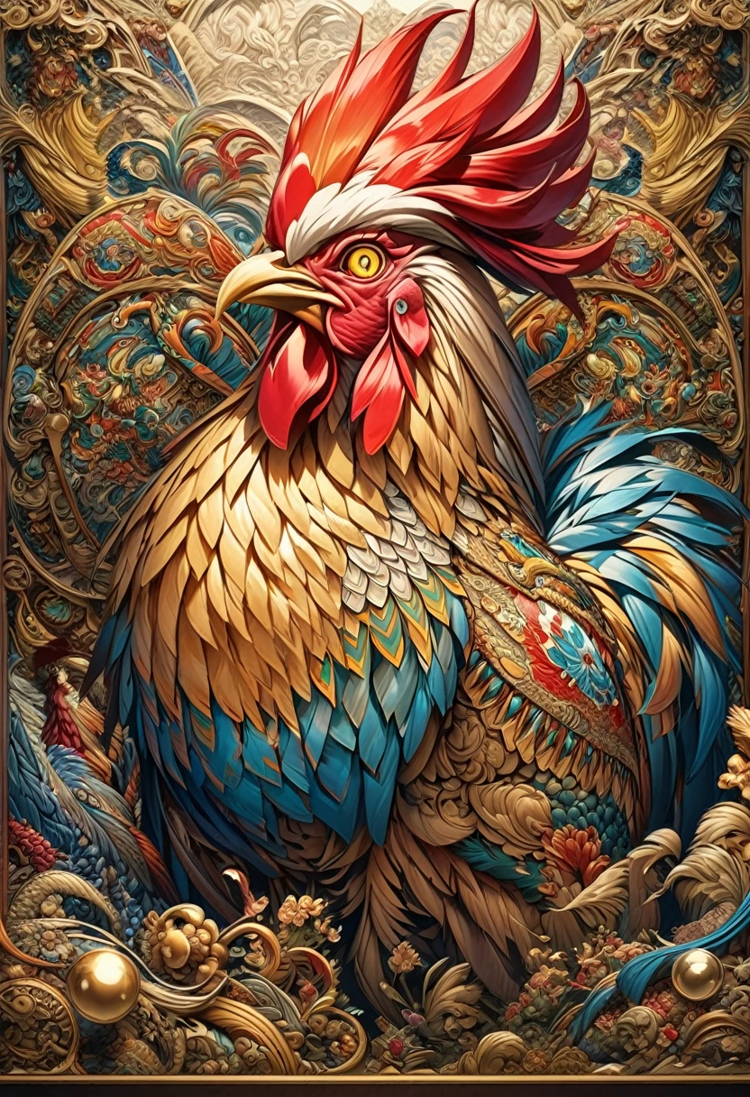 a drawing of a rooster with a flower pattern on its face, Highly detailed and hypnotic, hyper detailed rooster - like face, goldenrooster, incredibly intricate, he has yellow rooster eyes, Intricately detailed fur, gallo, Intricate artwork, Highly detailed 4k art, great rooster, Highly detailed 4k art., Highly detailed symmetry, intricate detailed 4k, rooster and his treasures