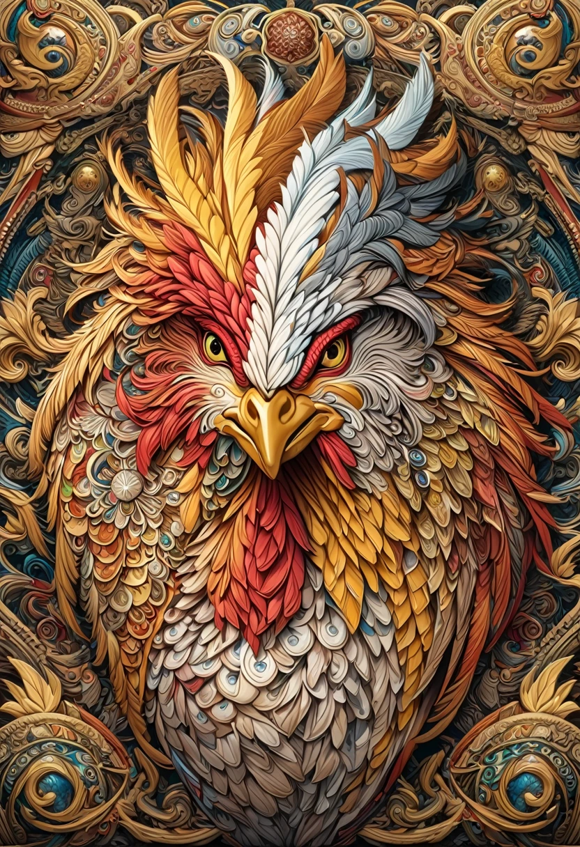 a drawing of a rooster with a flower pattern on its face, Highly detailed and hypnotic, hyper detailed rooster - like face, goldenrooster, incredibly intricate, he has yellow rooster eyes, Intricately detailed fur, gallo, Intricate artwork, Highly detailed 4k art, great rooster, Highly detailed 4k art., Highly detailed symmetry, intricate detailed 4k, rooster and his treasures