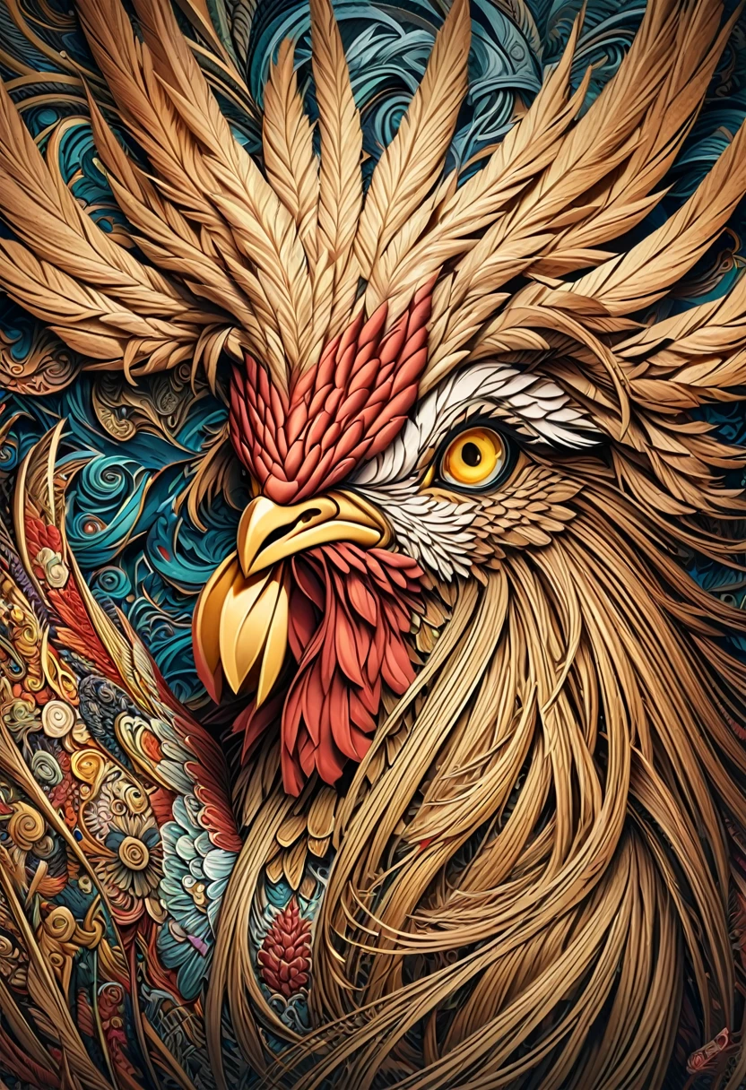 a drawing of a rooster with a flower pattern on its face, Highly detailed and hypnotic, hyper detailed rooster - like face, goldenrooster, incredibly intricate, he has yellow rooster eyes, Intricately detailed fur, gallo, Intricate artwork, Highly detailed 4k art, great rooster, Highly detailed 4k art., Highly detailed symmetry, intricate detailed 4k, rooster and his treasures