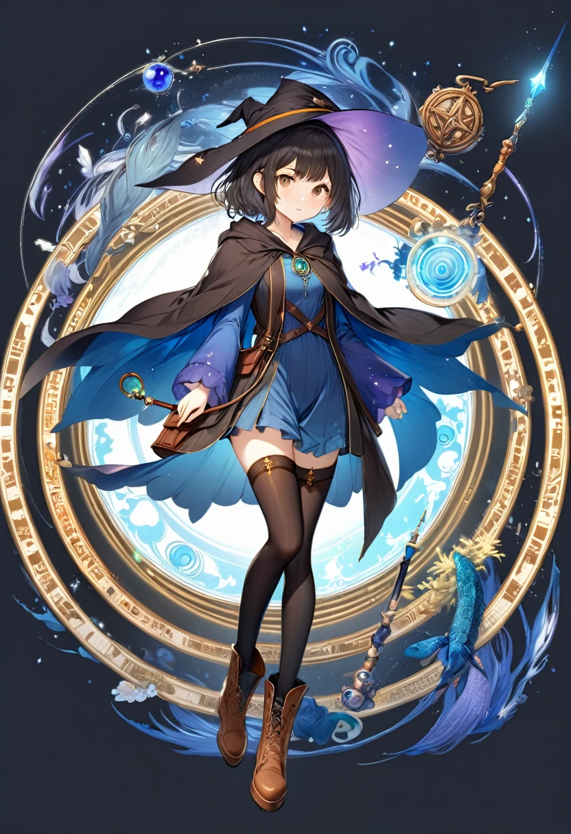 A beautiful witch in the style of Studio Ghibli, 1.55 tall, , medium-length black hair, light brown eyes, fair skin, wearing a knee-length transparent blue dress, black stockings and dark brown boots, a black and cinnamon cloak, a light brown handbag and a magic wand made of coral lizard. 8k image, ((highest quality)),(ultra high resolution),(Super detailed),(detailed description),((best GC)),(best artwork),super art precision,great drawing- art(Fantasy art with precise details:1.5),(witch:1.6),(and pretty cute shaped face:a 1.5),(Magic circle floating:1.6),dynamic pose:1.5,boots:1.3, magic circle, final fantasy XV style, 4K, super sexy, By Luciano75