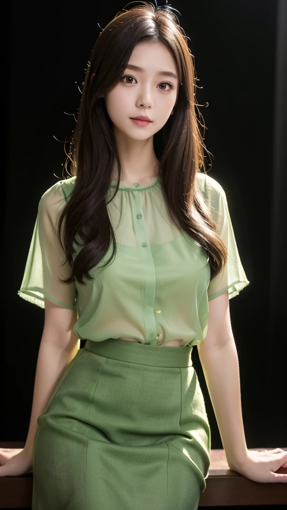 Light green skirt  、Sheer blouse、(Highest quality)、((Very detailed))、4K、(8K)、masterpiece、Very detailedな、Highest quality、Super Resolution、One person、Kind Face、Soft Light、RAW quality、Soft Skin、all、Thighs、163cm