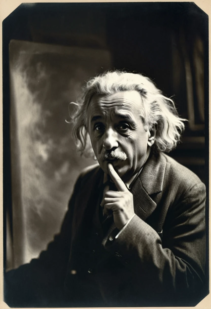 scientist Albert Einstein looking to the side with great anger, a rare moment of intense anger asking for silence with a finger in his mouth,, mysterious by Anne Brigman, vintage retrocore, daguerrotype,, photo, cinematic