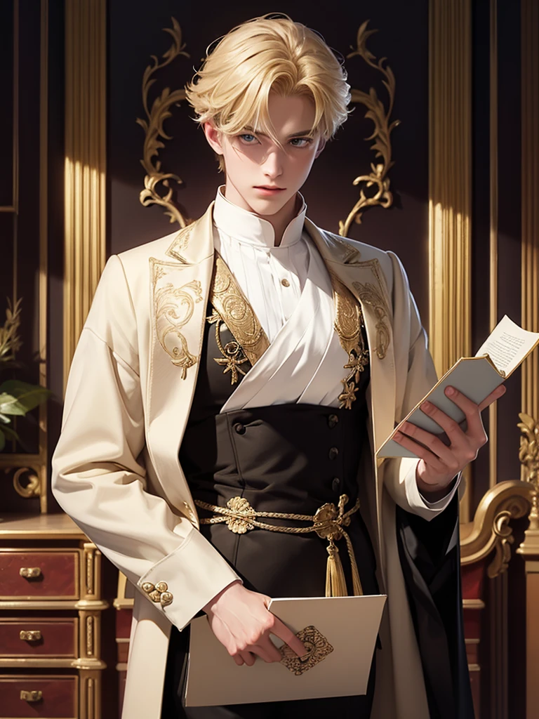 Help me make the cover of my book that is about a blonde prince who is somewhat serious while holding a letter