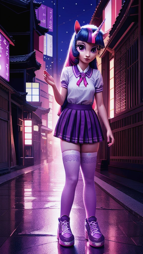 a beautiful anthro unicorn Twilight Sparkle, detailed human hands and feet, detailed stockings and shoes, Japanese school girl uniform, posing in a realistic Tokyo Japan cityscape, vibrant colors, intricate detail, 8k, photorealistic, cinematic lighting, fantasy, magical, kawaii, anthro unicorn pony, light purple fur