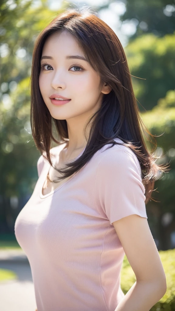 (highest quality、table top、8k、best image quality、Award-winning work)、One cute beauty、straight medium hair、(alone:1.2)、(The Short length pastel colored T-shirt:1.2)、(The Background of a park in Tokyo, Japan:1.6)、(Perfectly fixed at the front:1.1)、close up of face、(very big breasts:1.3)、(emphasize body line:1.2)、(Perfect female frontal and horizontal portrait with proper margins:1.2)、(Perfect expression of a woman whether viewed from the side or from the front:1.2)、beautiful and detailed eyes、look at me and smile、(Upright photo from the chest up:1.2)、(turn around and look straight at me:1.2)、(perfect makeup:1.1)、bright lipstick、Ultra high definition beauty face、ultra high definition hair、Super high-definition sparkling eyes、Super high resolution perfect teeth、Super high resolution glossy lips、accurate anatomy、very beautiful skin、(Pure white skin shining in ultra-high resolution:1.2)、Elegant upright posture when viewed from the front、(very bright:1.3)