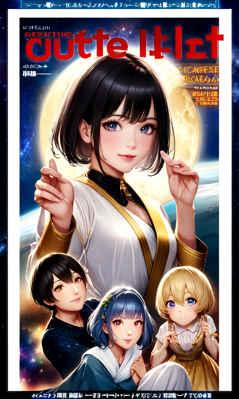 geographic magazine、scoop、A Goddess Bigger Than a Small Earth、Neat、Pure white long dress、Hold the Earth in your hand and bring it close to your face、universe space、Sexy pose、Small breasts、Realistic、Magazine Cover、anime、リアルanimeスタイル、short hair、Black Hair、Cute woman、Beauty、model、Portrait、Steamy、steam、Japanese Idol、20th Generation、Milky Way、nebula、Mars、Saturn、moon、Spectacular atmosphere、animeキャラクターのポスター