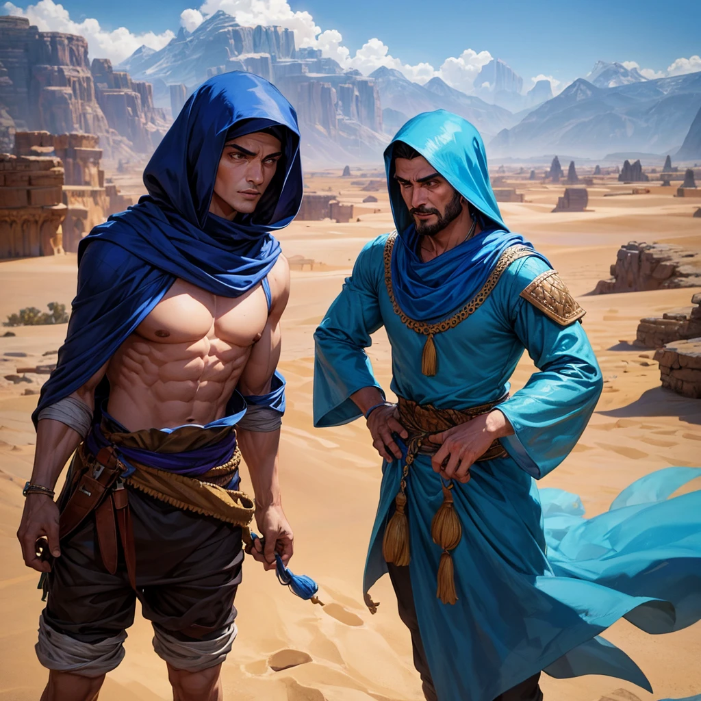 A wandering merchant, tall and muscular, extremely sensual. In a desert in blue Arabic clothes.