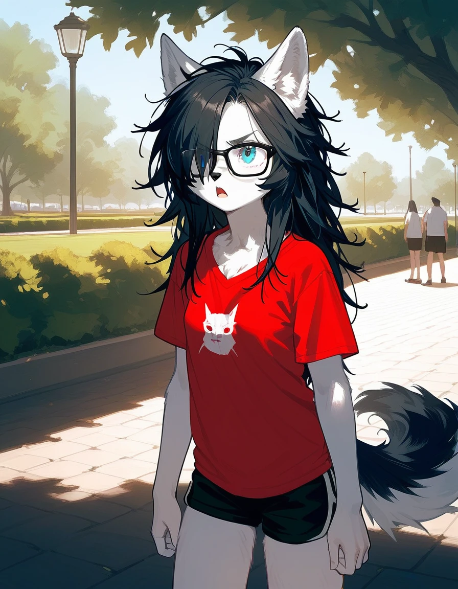 Solo, score_9,score_8_up,score_7_up, a young nerdy Anthro furry wolf woman, wolf snout, white furry body, tall, long black messy hair, black hair, hair in a pony tail, hair covering one eye, white wolf tail, black glasses, blue eyes, white wolf ears, white wolf tail, small breasts, wearing oversized red t shirt, black boy shorts, standing, outdoors, at a park, sunny day, looking up, disgusted expression, eyes half open, mouth open, slouching to the side, furrowed eyebrows, pouting pose