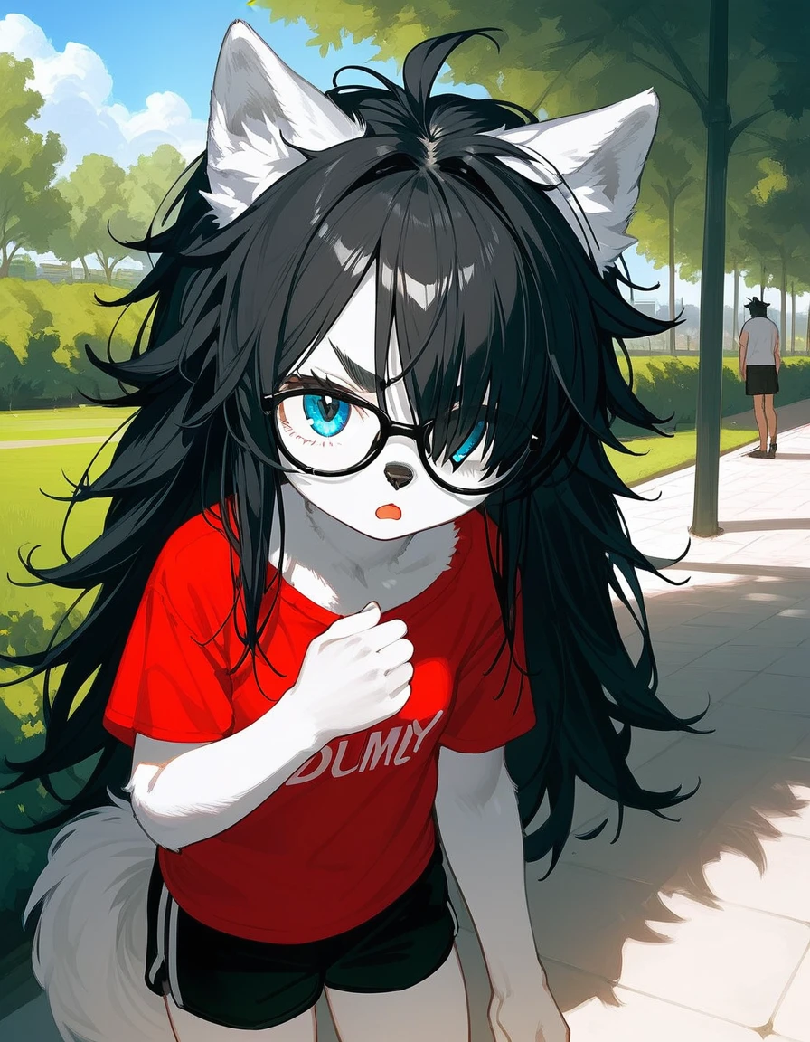 Solo, score_9,score_8_up,score_7_up, a young nerdy Anthro furry wolf woman, wolf snout, white furry body, tall, long black messy hair, black hair, hair in a pony tail, hair covering one eye, white wolf tail, black glasses, blue eyes, white wolf ears, white wolf tail, small breasts, wearing oversized red t shirt, black boy shorts, standing, outdoors, at a park, sunny day, looking up, disgusted expression, eyes half open, mouth open, slouching to the side, furrowed eyebrows, pouting pose