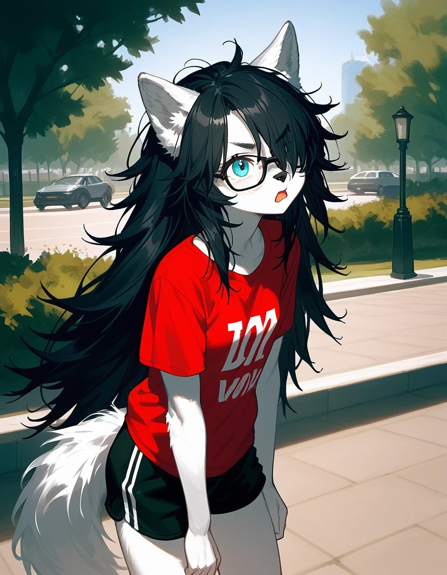 Solo, score_9,score_8_up,score_7_up, a young nerdy Anthro furry wolf woman, wolf snout, white furry body, tall, long black messy hair, black hair, hair in a pony tail, hair covering one eye, white wolf tail, black glasses, blue eyes, white wolf ears, white wolf tail, small breasts, wearing oversized red t shirt, black boy shorts, standing, outdoors, at a park, sunny day, looking up, disgusted expression, eyes half open, mouth open, slouching to the side, furrowed eyebrows, pouting pose