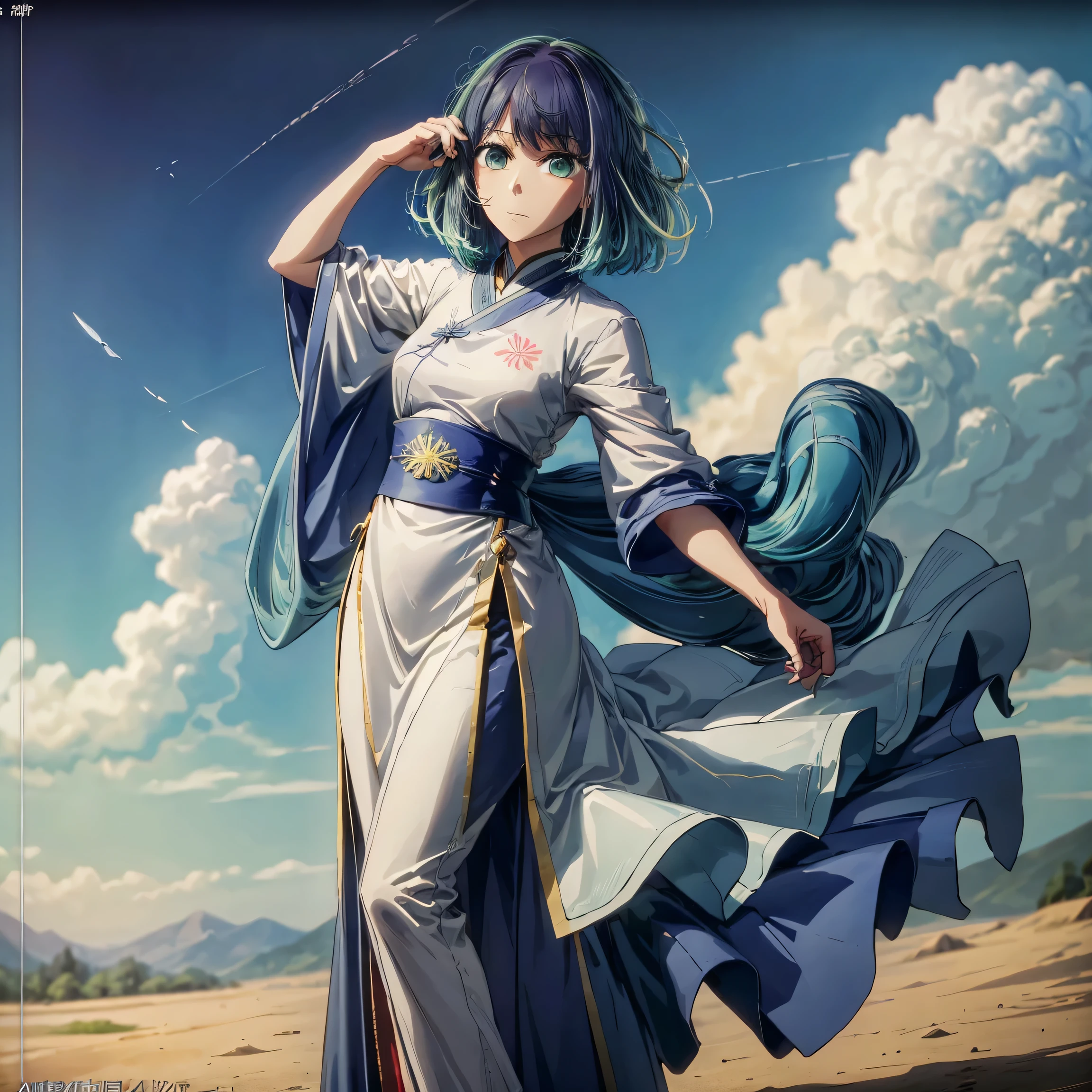 a woman, ancient Chinese costume, full body, sunlight, clear face, clean white background, Masterpiece, super detail, Epic composition, ultra high definition, high quality, extremely detailed, Official art, 8k uniform wallpaper, super detail, 32k, tall body, tall, long legs, mature woman, mature, adult, , eft_oshi_akane, alone, 1 girl, blue hair, looking at viewer, medium hair, bangs, closed mouth, green eyes, multicolored hair, short hair, faded hair, blue eyes, more details XL