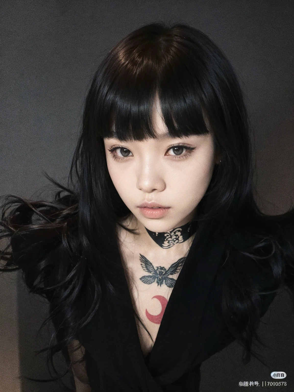 Asian woman with long black hair and tattoos, black long straigh hair with bangs, cabelo blackbangs cabelo, She has black hair with bangs, Taiwanese woman with tattoos, long hair with bangs, long hair with full bangs, long dark hair with bangs, black bangs, Long straight bangs, black hime cut hair, black hair and white bangs, ultra HD, 8K