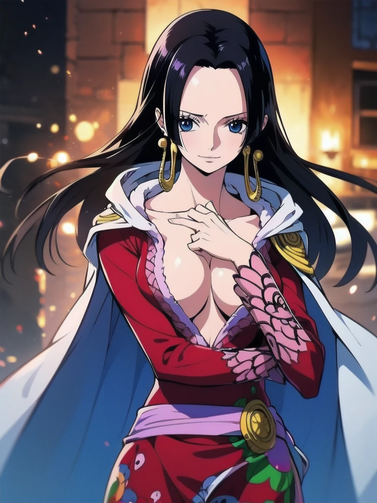 Masterpiece, Boa Hancock from One Piece, detailed face, beautiful blue eyes, small smile, wears earrings; big breasts, cleavage, loose and stylized hair, long beautiful hair, wears Boa Hancock earrings, (wears a red dress), (wears a white cape), has cleavage, bare abdomen, battle pose. The art style should resemble a captivating anime style. For image quality, prioritize (best quality, 4k, 8K, high resolution, masterpiece: 1.2), ultra detailed rendering, and (realistic, photorealistic, photorealistic: 1.37). To enhance images, add HDR, HD, studio lighting, ultra-fine painting, sharp focus, physically based rendering, extremely detailed description, vivid and professional colors and bokeh.