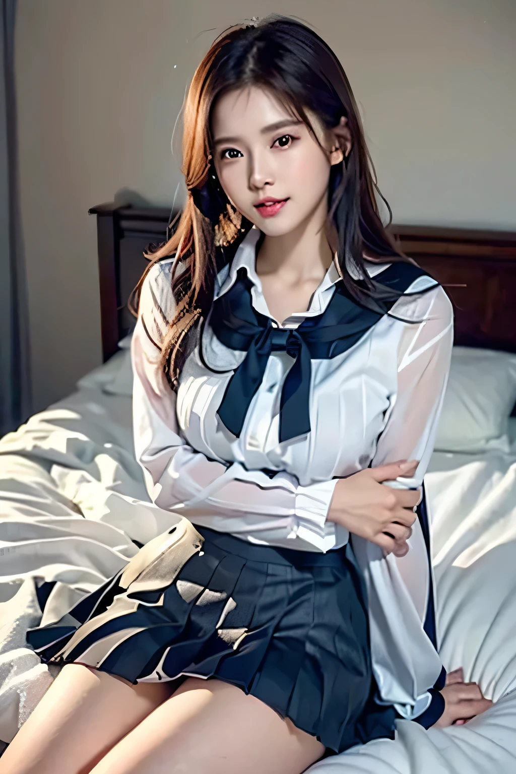 (((Woman lying on bed in bedroom)))、Accentuate your breasts、(((school uniform:1.3)))、Open white shirt、(((Check pleated skirt that fits snugly against the skin:1.7)))、(Reddish brown wet shiny short hair)、hairpin、hair ornaments、Blushing cheeks、Pointed red mouth、Large Breasts、Perfect body curves、Beautiful clavicle、Wet Hair、Wet Face、Wet body、Wet Skin、Wet costume、Detailed clothing features、Detailed hair features、Detailed facial features、Looking into the camera、(Dynamic Angle)、(Dynamic and sexy pose) )、Cinema Lighting、(masterpiece、Highest quality、Ultra-high resolution output images、Write Boundary Depth、Intricate details、Add depth to your subject with contrast between light and shadow、)、Digital Illustration、Single-lens reflex camera、(Realistic:1.3)、(8K quality、Anatomically correct facial structure、)、(Picture Mode Ultra HD、)