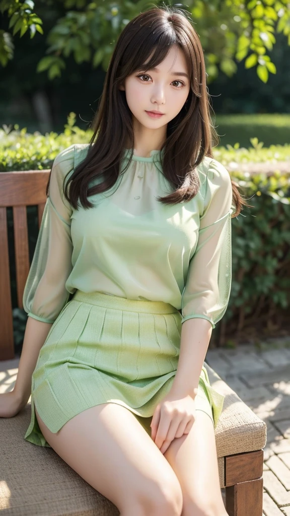 Light green skirt  、Sheer blouse、(Highest quality)、((Very detailed))、4K、(8K)、masterpiece、Very detailedな、Highest quality、Super Resolution、One person、Kind Face、Soft Light、RAW quality、Soft Skin、all、Thighs、163cm