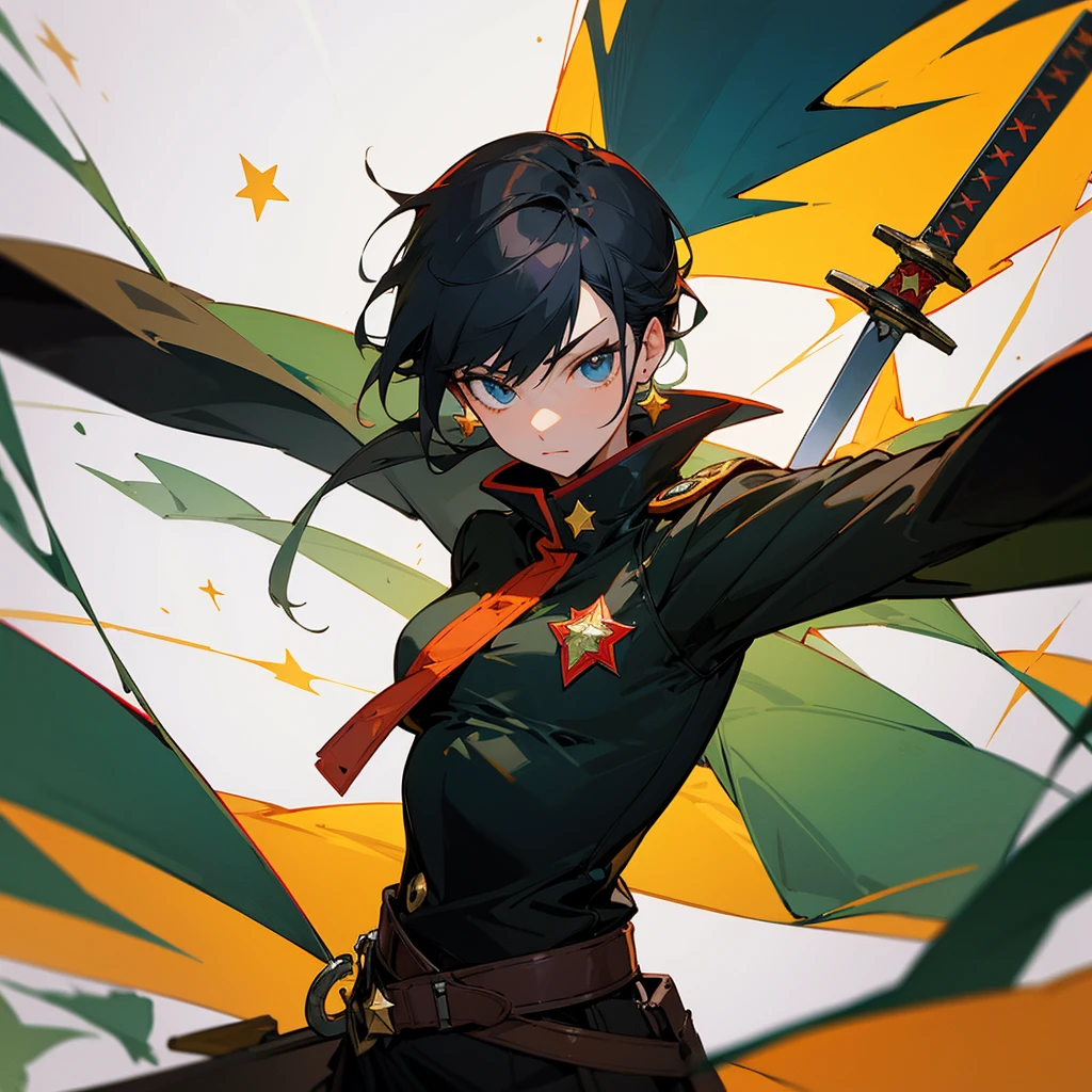 A 1 side sharp shiny sword with a guard in shape of a robin with a star insignia in the center of it, leather handle