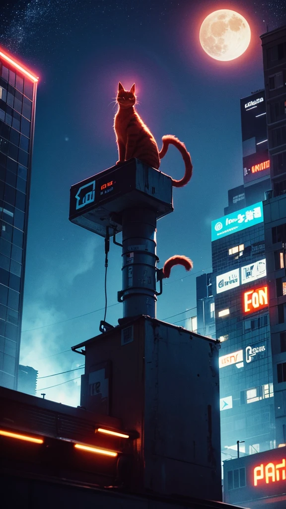 neon, cyber punk, natta, night-time, moon with strong light, orange cat, on top of a building, on the edge of the building,