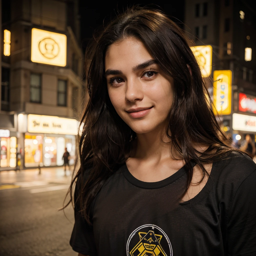 man, 28 years, dark brown hair, slightly wavy and messy. clear skin, elongated face, thick eyebrows, Large and expressive eyes. Straight and proportional nose. fine lips, smiling slightly. He wears a black t-shirt with the Kappa logo visible on the chest. bottom: urban street at night with yellow artificial lighting.