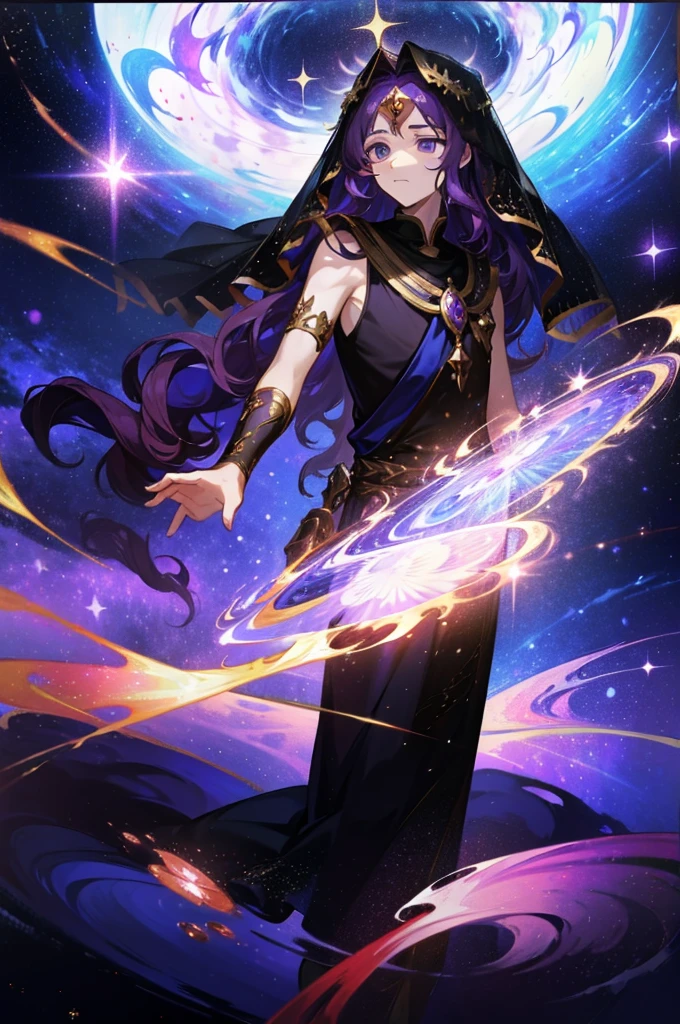 Masterpiece, Dreamlike art, 8K, best quality, 1 man, alone, veil, god of emptiness, celestial body, shiny purple hair, dark colored hair, Wavy Hair, sacred gesture, expressionless, , A flashy sleeveless tunic decorated with stars., Cute Hair Ornaments, Many hair accessories suitable for the gods
