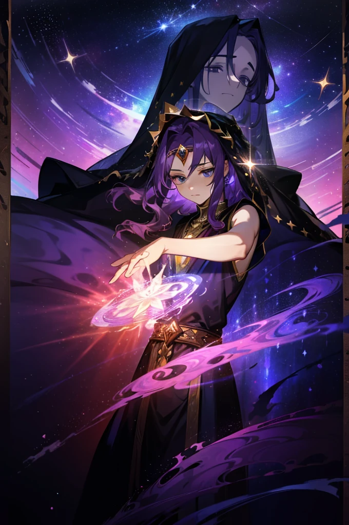 Masterpiece, Dreamlike art, 8K, best quality, 1 man, alone, veil, god of emptiness, celestial body, shiny purple hair, dark colored hair, Wavy Hair, sacred gesture, expressionless, , A flashy sleeveless tunic decorated with stars., Cute Hair Ornaments, Many hair accessories suitable for the gods