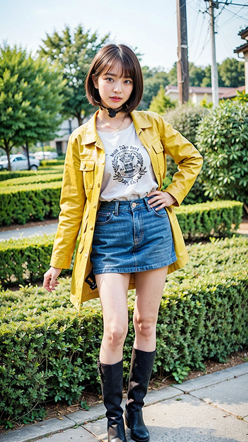 (8K、RAW Photos、Highest quality、masterpiece:1.2)、(Realistic、Realistic)、1 Girl、((Yellow coat、one piece、Black mini skirt、boots、Big Breasts、whole body、garden、View from the front、Looking into the camera、Stand with one hand on your hip))、