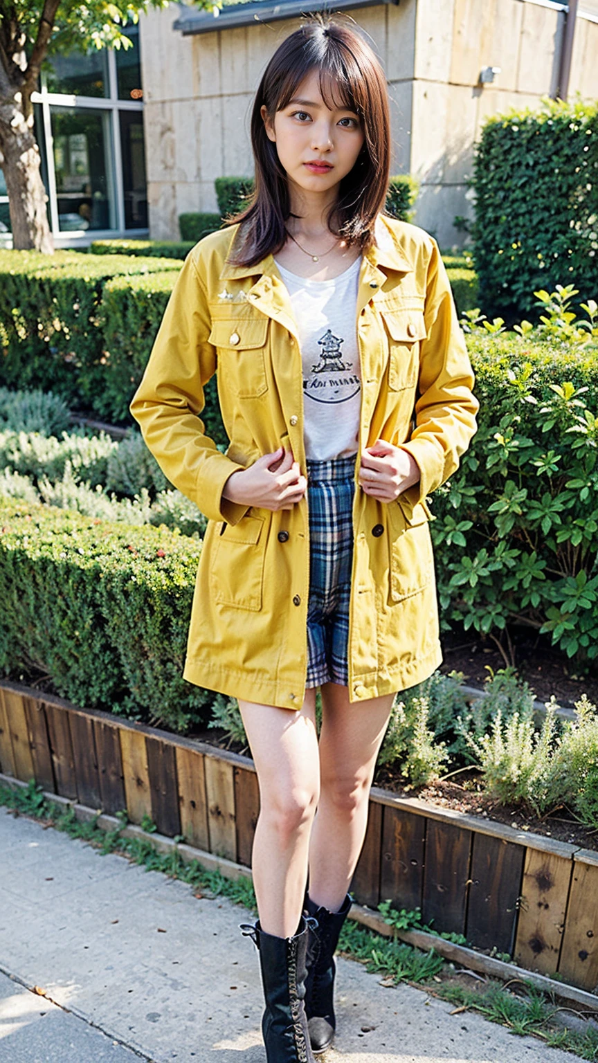 (8K、RAW Photos、Highest quality、masterpiece:1.2)、(Realistic、Realistic)、1 Girl、((Yellow coat、one piece、Black mini skirt、boots、Big Breasts、whole body、garden、View from the front、Looking into the camera、Stand with one hand on your hip))、