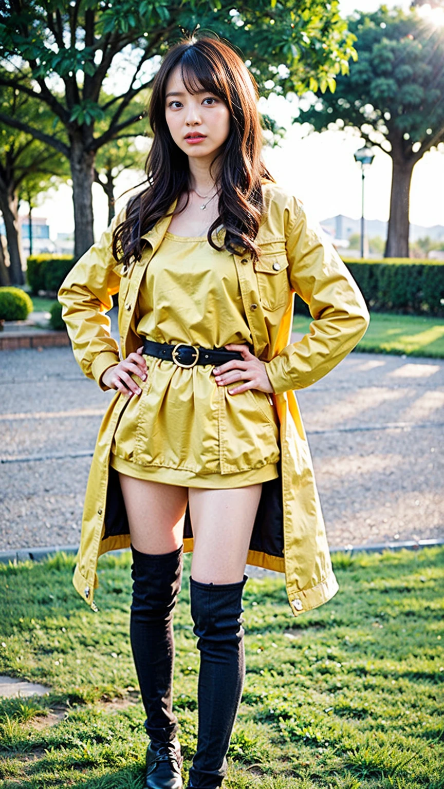 (8K、RAW Photos、Highest quality、masterpiece:1.2)、(Realistic、Realistic)、1 Girl、((Yellow coat、one piece、Black mini skirt、boots、Big Breasts、whole body、garden、View from the front、Looking into the camera、Stand with one hand on your hip))、