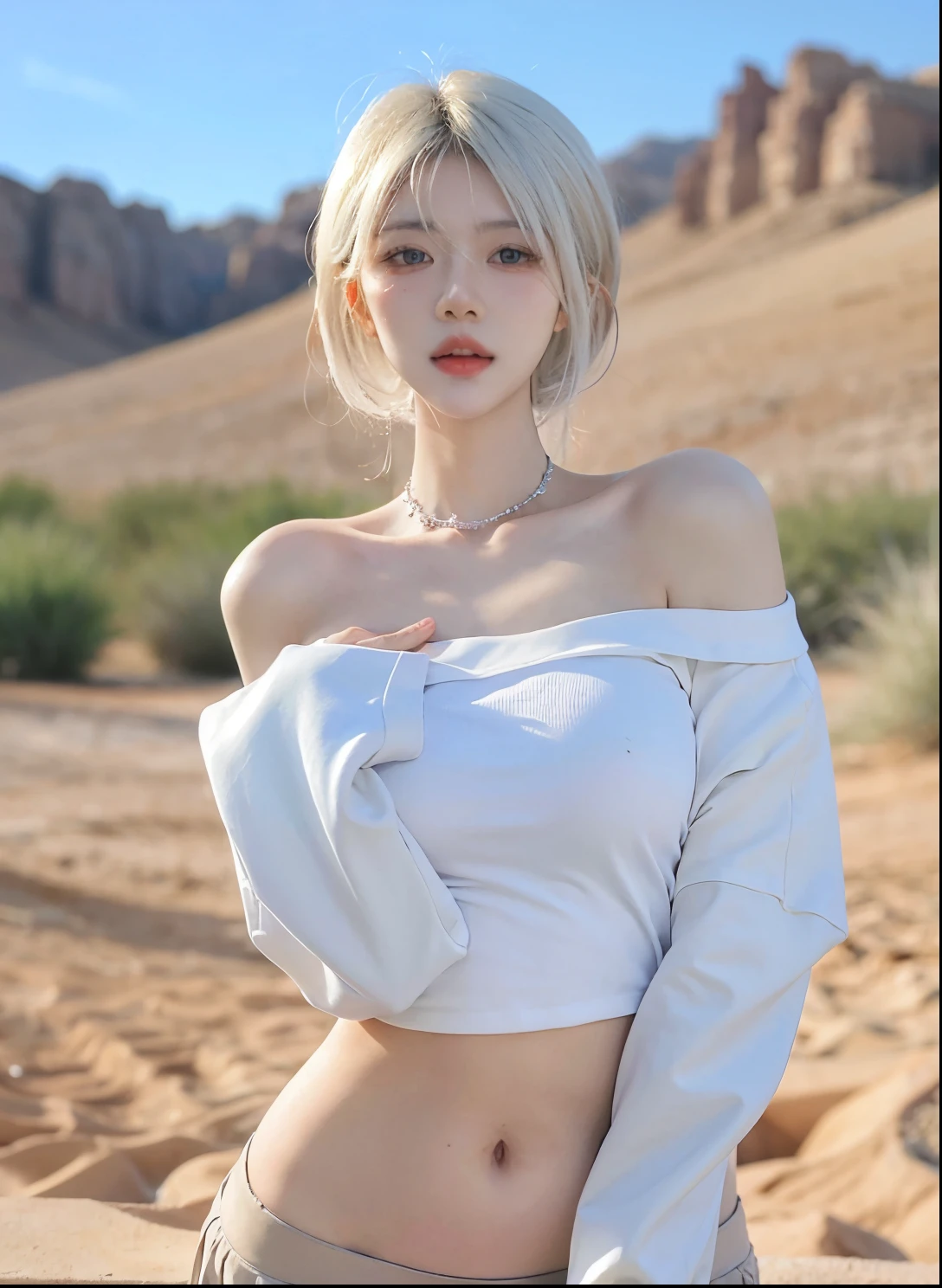 Beautiful woman with perfect figure:1.4,Desert Background,Desert Background,Ultra-high resolution,Seductive laughter,wear glasses,(lifelike:1.4),Layered Hairstyle,White皮肤,Super short pleated skirt,whole body,Very delicate face and skin texture,Double eyelids,Skin Whitening,Long hair,White hair,White,