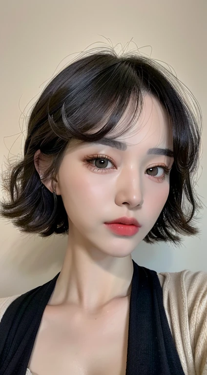 ((Best quality, 8k, Masterpiece :1.3)), 1girl, Pretty woman with slender abs :1.3, (Medium-short black hair, Huge breasts :1.2), Cardigan :1.1, Ultra-detailed face, Detailed eyes, Double eyelid