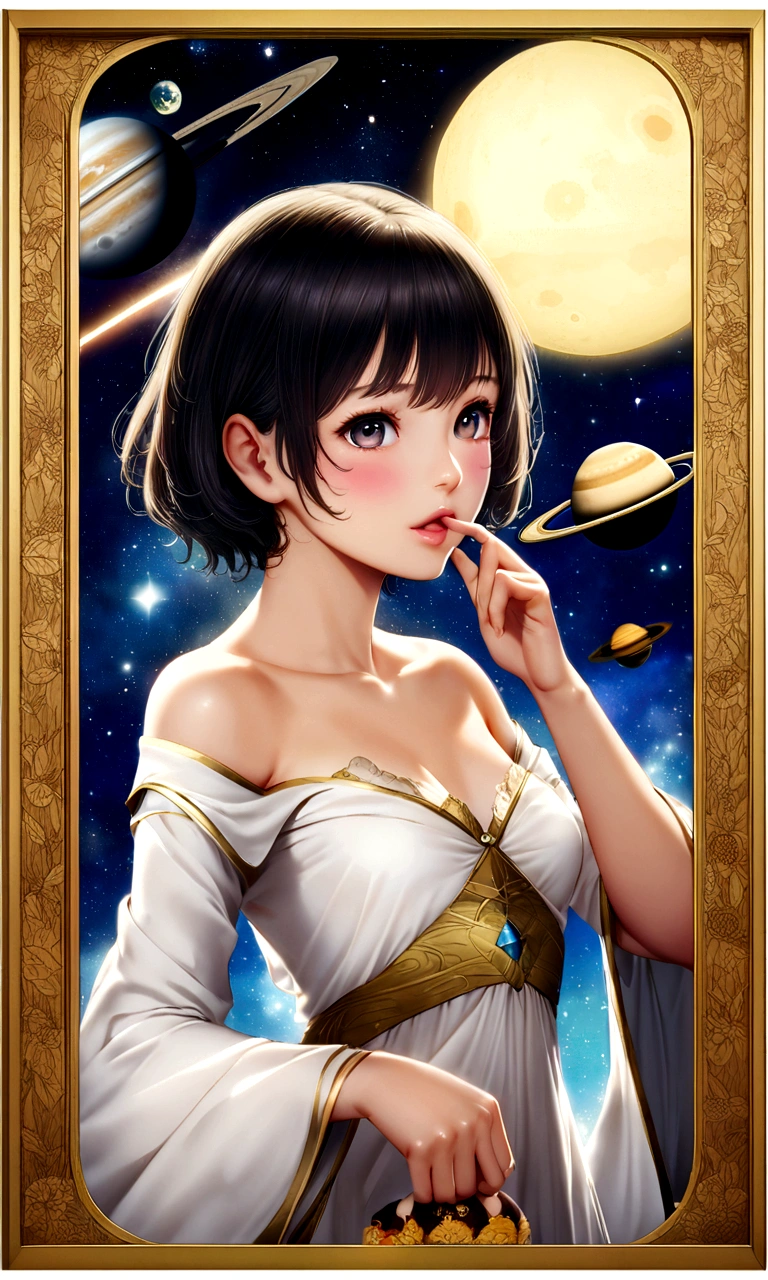 geographic magazine、scoop、A Goddess Bigger Than a Small Earth、Neat、Pure white long dress、Hold the Earth in your hand and bring it close to your mouth、to kiss、universe space、Sexy pose、Small breasts、Realistic、Magazine Cover、anime、リアルanimeスタイル、short hair、Black Hair、Cute woman、Beauty、model、Portrait、Steamy、steam、Japanese Idol、20th Generation、Milky Way、nebula、Mars、Saturn、moon、Spectacular atmosphere、animeキャラクターのポスター