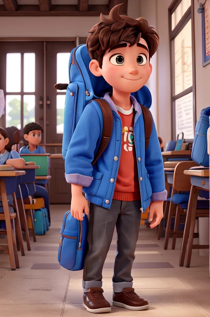 1 student boy with backpack, glad, fluffly, disney pixar 3d style, high qualiy