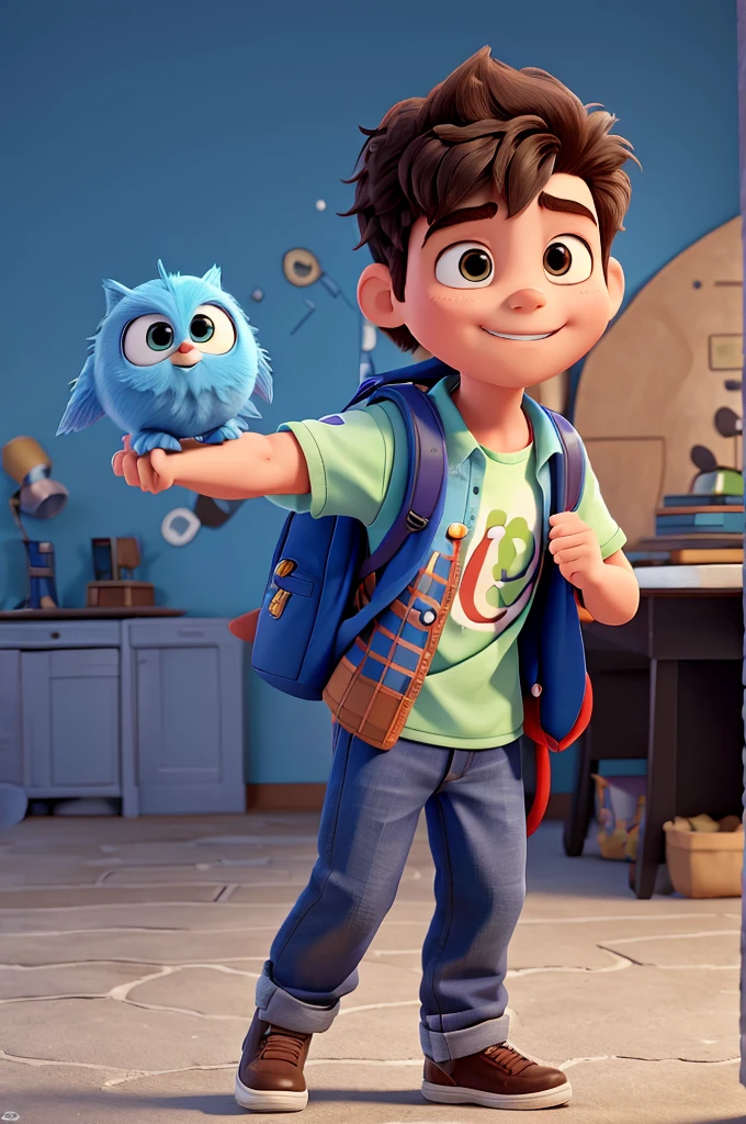1 student boy with backpack, glad, fluffly, disney pixar 3d style, high qualiy