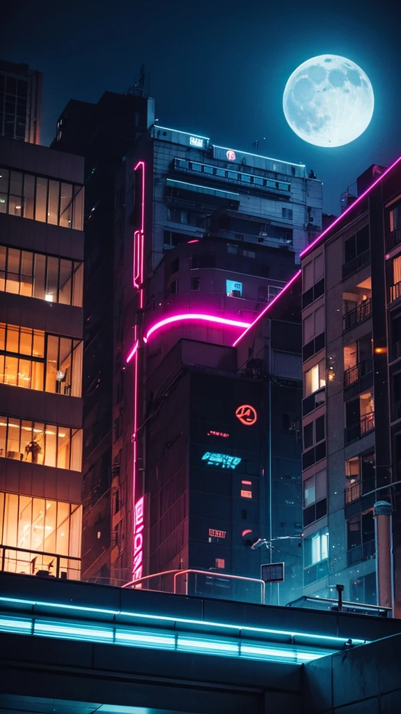neon, cyber punk, natta, night-time, moon with strong light, orange cat, on top of a building, on the edge of the building,