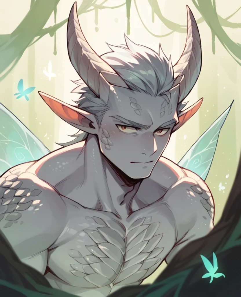 1 Male, half dragon, fairy, silver skin, scales, 2 horns